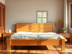 Giường gỗ hạng trung bằng gỗ tự nhiên đặt trong phòng ngủ ấm áp