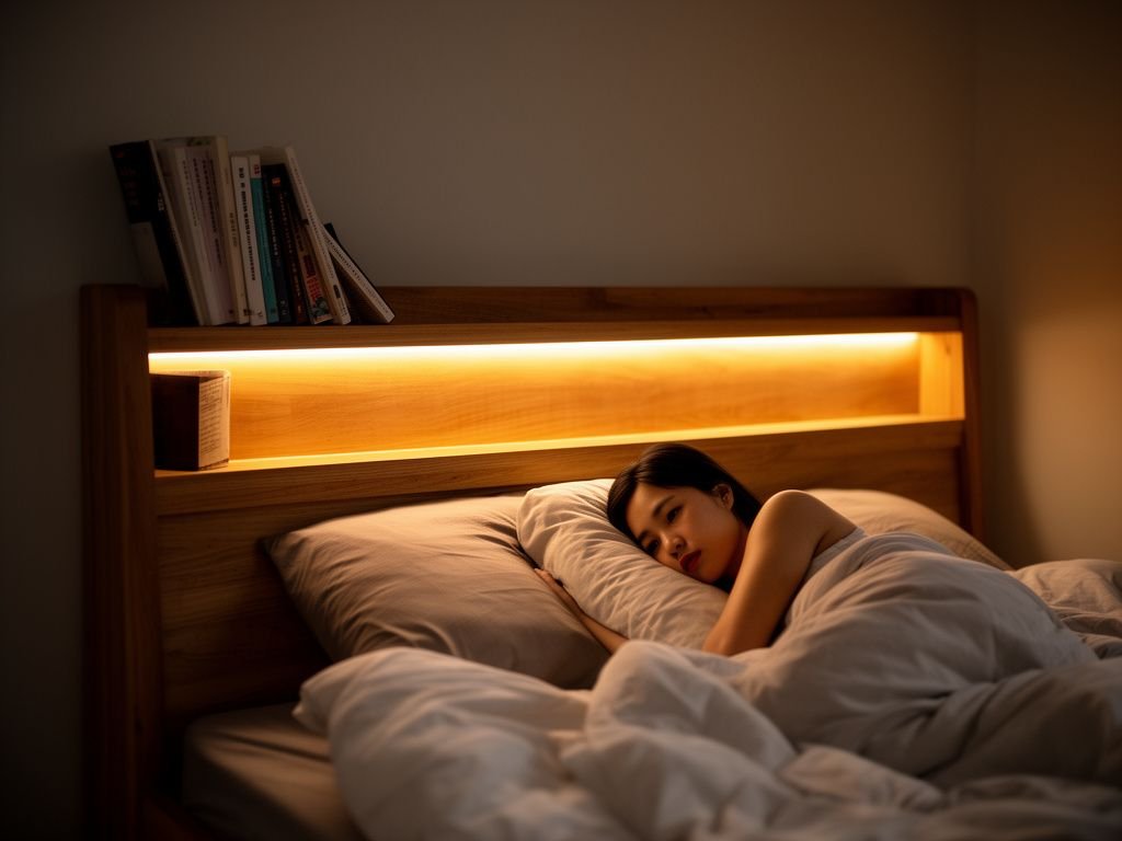 Giường ngủ có đầu giường tích hợp kệ sách và đèn led