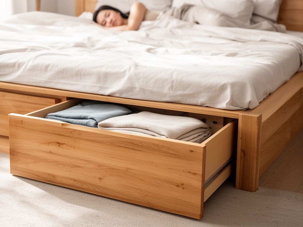Giường ngủ có ngăn kéo lưu trữ âm dưới gầm giường gỗ tự nhiên