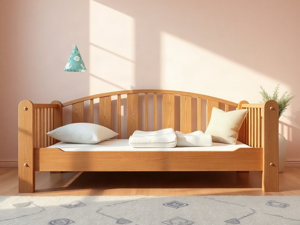 Giường ngủ trẻ em gỗ xoan đào thấp với cạnh bo tròn an toàn