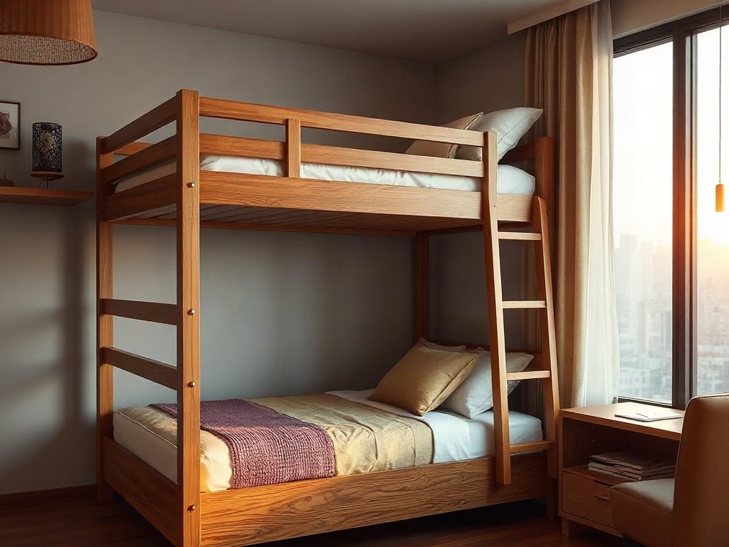 Giường tầng cao cấp gỗ tự nhiên phủ sơn bóng trong phòng ngủ sang trọng