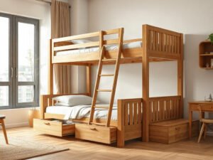Giường tầng đẹp tại TPHCM bằng gỗ tự nhiên đặt trong phòng ngủ hiện đại