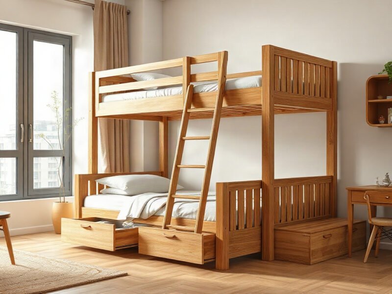 Giường tầng đẹp tại TPHCM bằng gỗ tự nhiên đặt trong phòng ngủ hiện đại