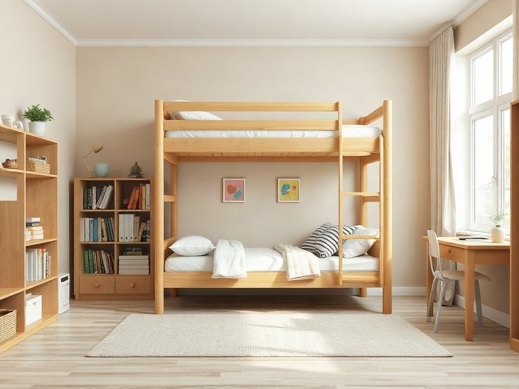 9 Cách Phối Màu Giường Tầng Cho Bé Đẹp, Hài Hòa Giường tầng màu be nâu nhạt trung tính cho bé