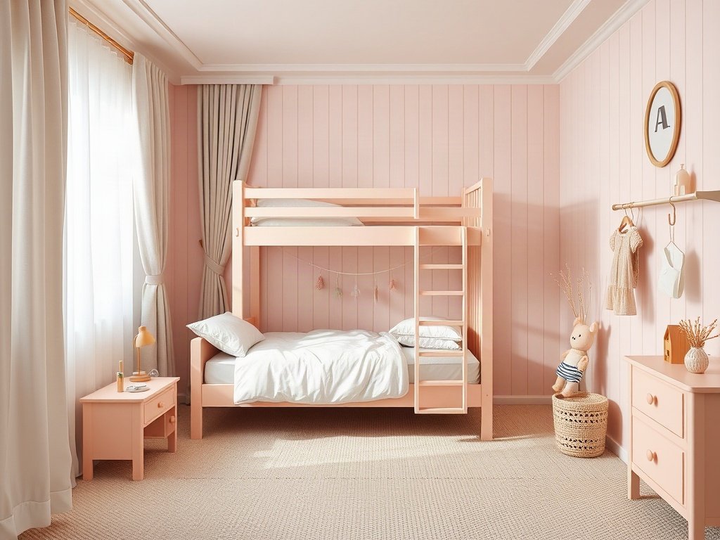 9 Cách Phối Màu Giường Tầng Cho Bé Đẹp, Hài Hòa Giường tầng pastel hồng nhạt cho phòng bé gái