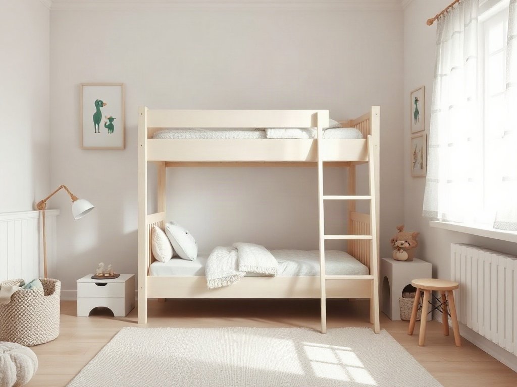 9 Cách Phối Màu Giường Tầng Cho Bé Đẹp, Hài Hòa Giường tầng phối màu trắng gỗ sáng cho phòng nhỏ