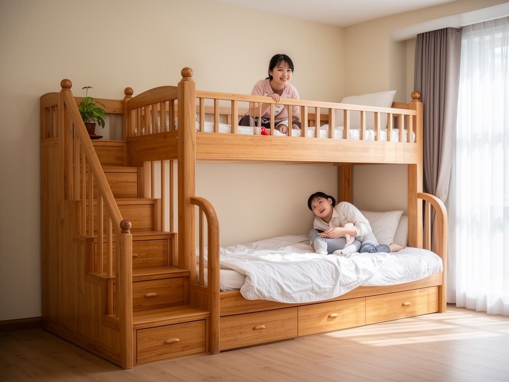 Giường tầng thông minh gỗ tự nhiên cho gia đình nhiều thế hệ