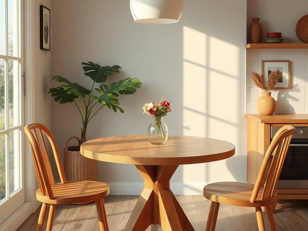 7 Cách Chọn Bàn Ăn Phù Hợp Cho Bếp Hình dáng bàn ăn tròn gỗ tự nhiên phù hợp bếp diện tích nhỏ