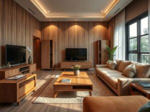 Không gian nhà đẹp với bộ nội thất phòng khách gỗ tự nhiên ấm áp