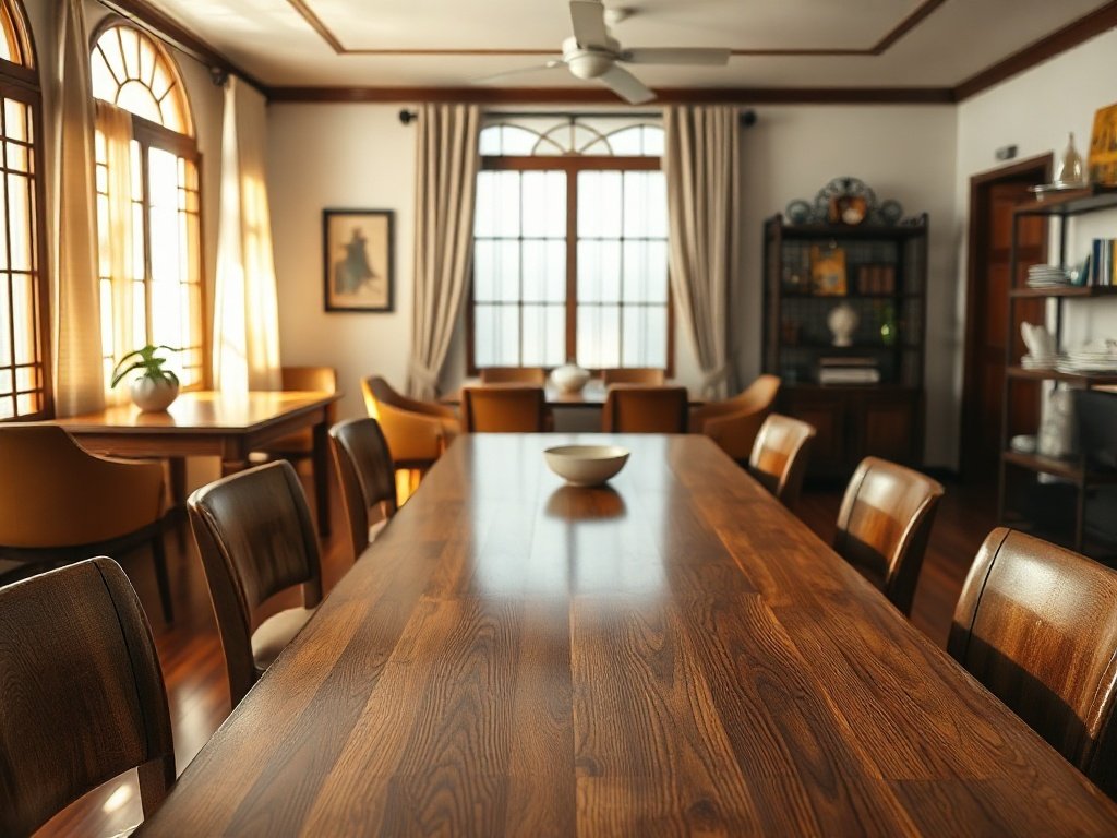 6 Cách Vệ Sinh Bàn Ăn Gỗ Sạch, Bền Đẹp Từ Thợ Mộc 20 Năm không gian phòng ăn với bàn ăn gỗ sạch bóng