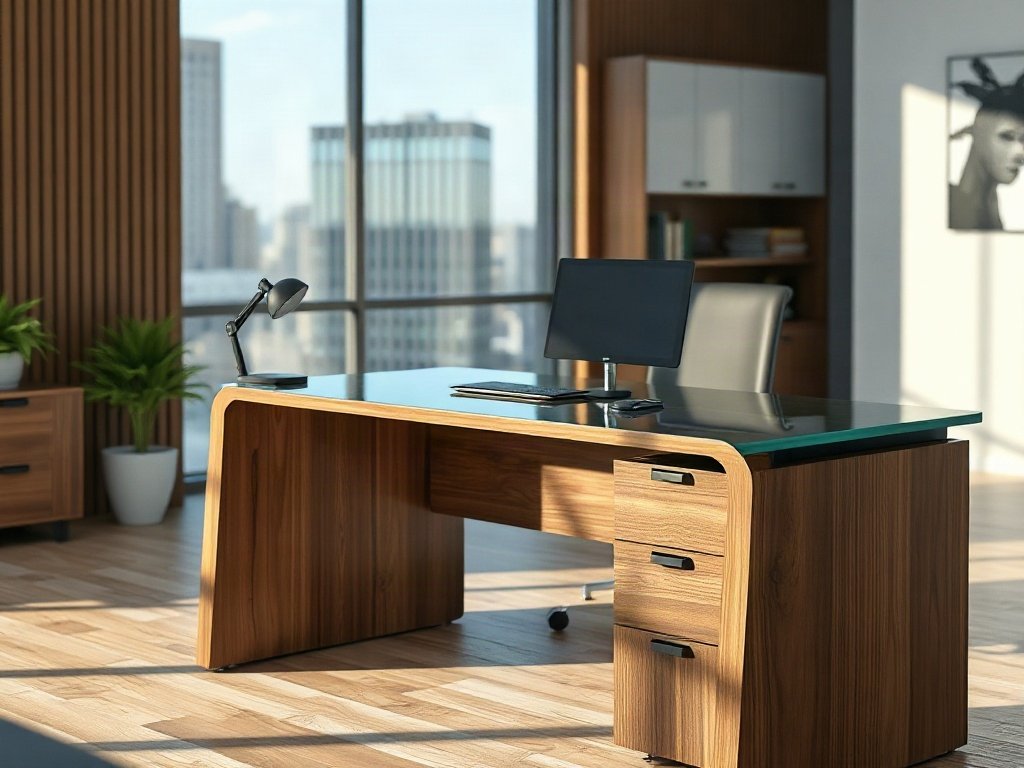 Mặt bàn giám đốc phủ kính cường lực có khay đi dây điện