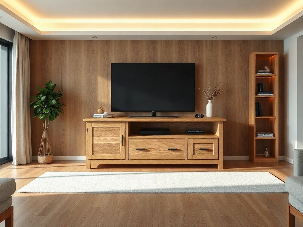 Mẫu kệ tivi gỗ sồi tự nhiên đặt trong phòng khách hiện đại ấm áp