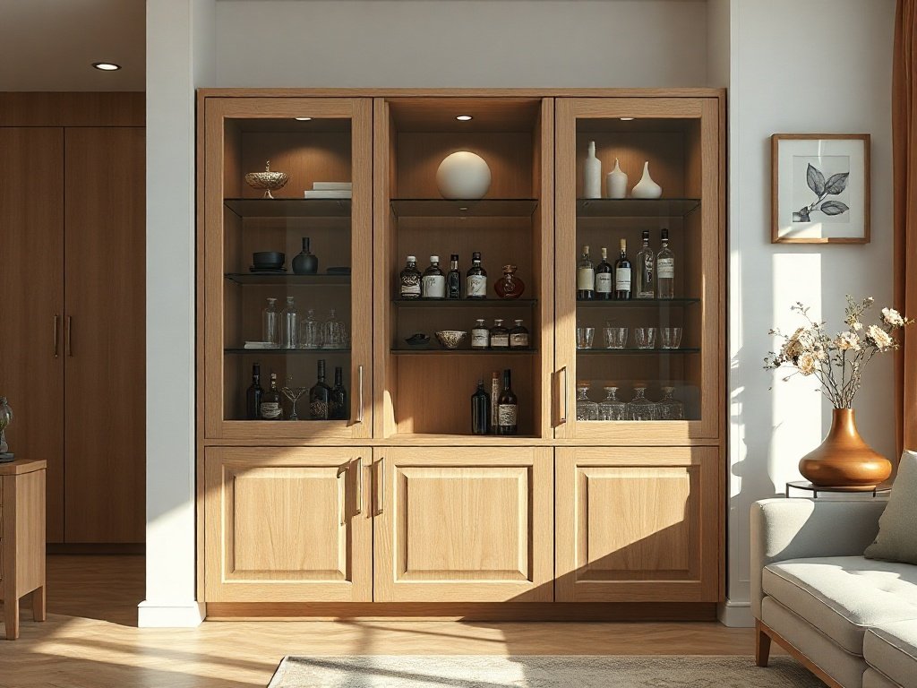 Mẫu tủ rượu đẹp phong cách tối giản với cửa kính gỗ sồi tự nhiên