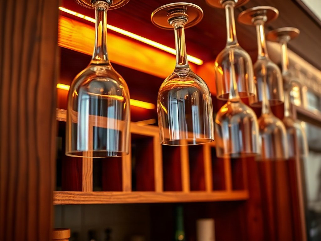 Ngăn để rượu vang và ly pha lê trong tủ quầy bar gỗ
