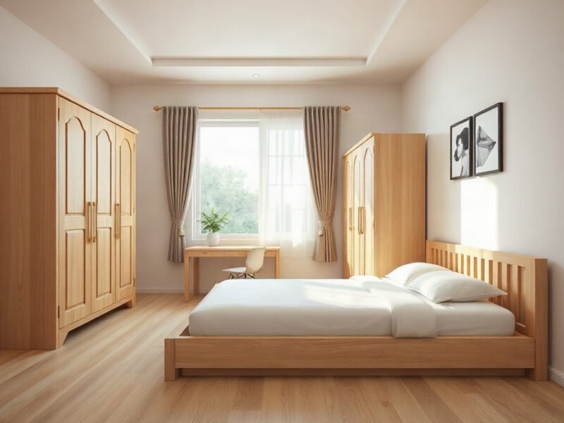Nội thất phòng ngủ của bé gái Nội thất phòng ngủ của bé gái với giường tủ gỗ tự nhiên tông pastel