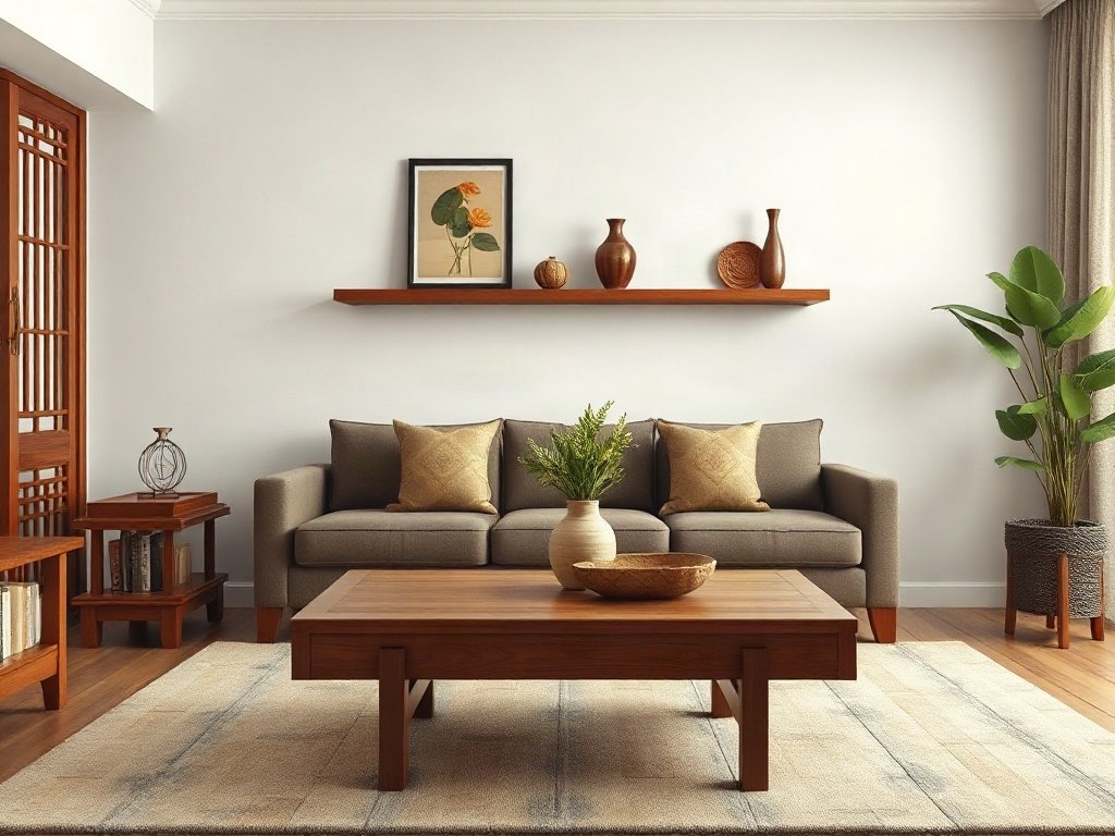 Địa chỉ sỉ đồ trang trí nội thất uy tín và chất lượng nhất Phòng khách phối bàn trà và kệ gỗ tự nhiên cùng bình gốm trang trí