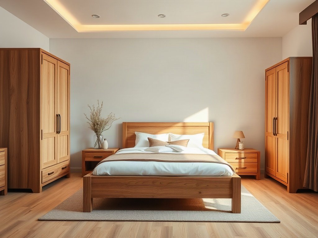 Phòng ngủ nhà đẹp với giường và tủ quần áo gỗ tự nhiên đồng bộ