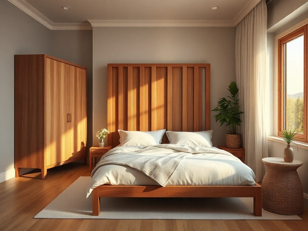 Phòng ngủ phong cách Indochine với nội thất gỗ tự nhiên và mây tre