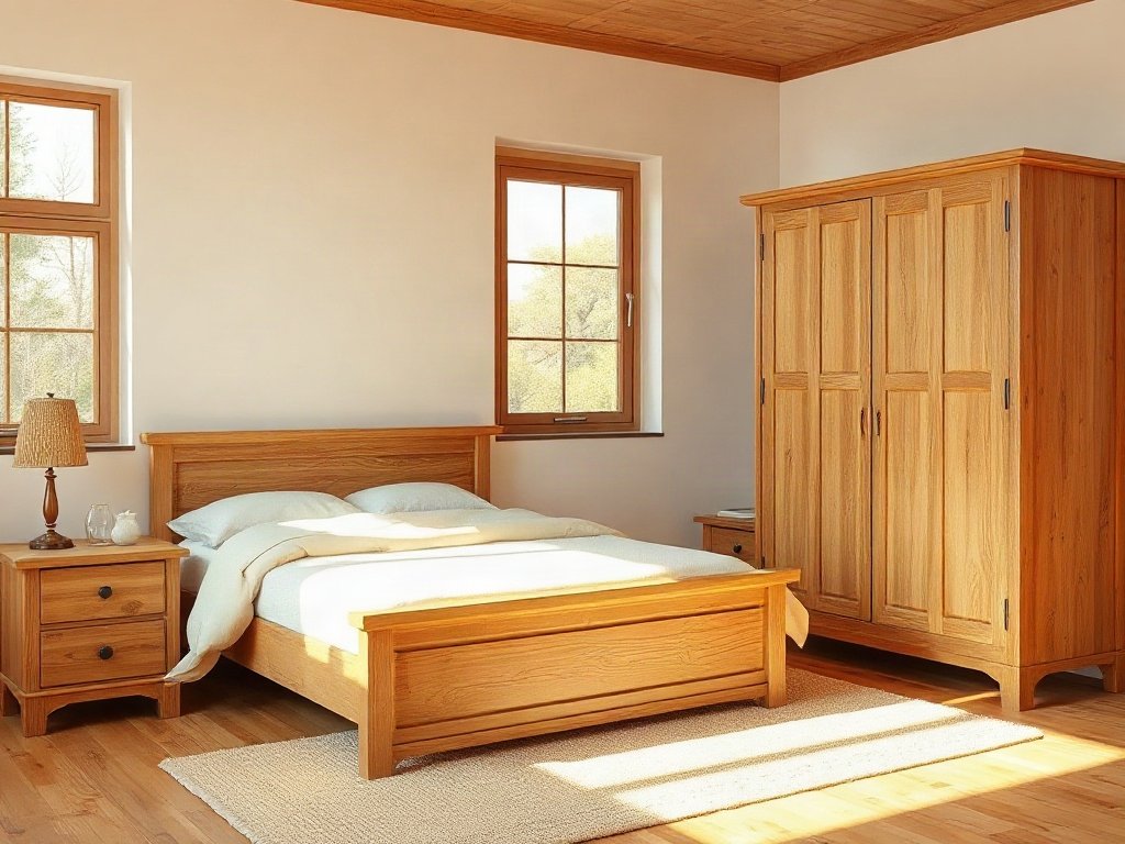 Phòng ngủ vợ chồng hoàn thiện với giường gỗ tự nhiên
