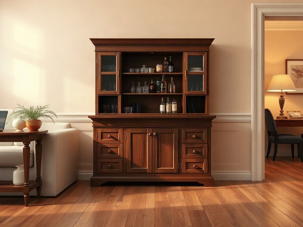 Quầy bar gỗ đẹp đặt góc phòng khách tông màu ấm