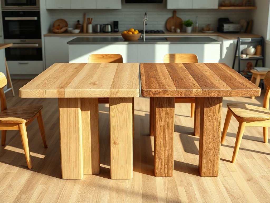 7 Cách Chọn Bàn Ăn Phù Hợp Cho Bếp So sánh bề mặt dầu lau và sơn PU trên bàn ăn gỗ tự nhiên