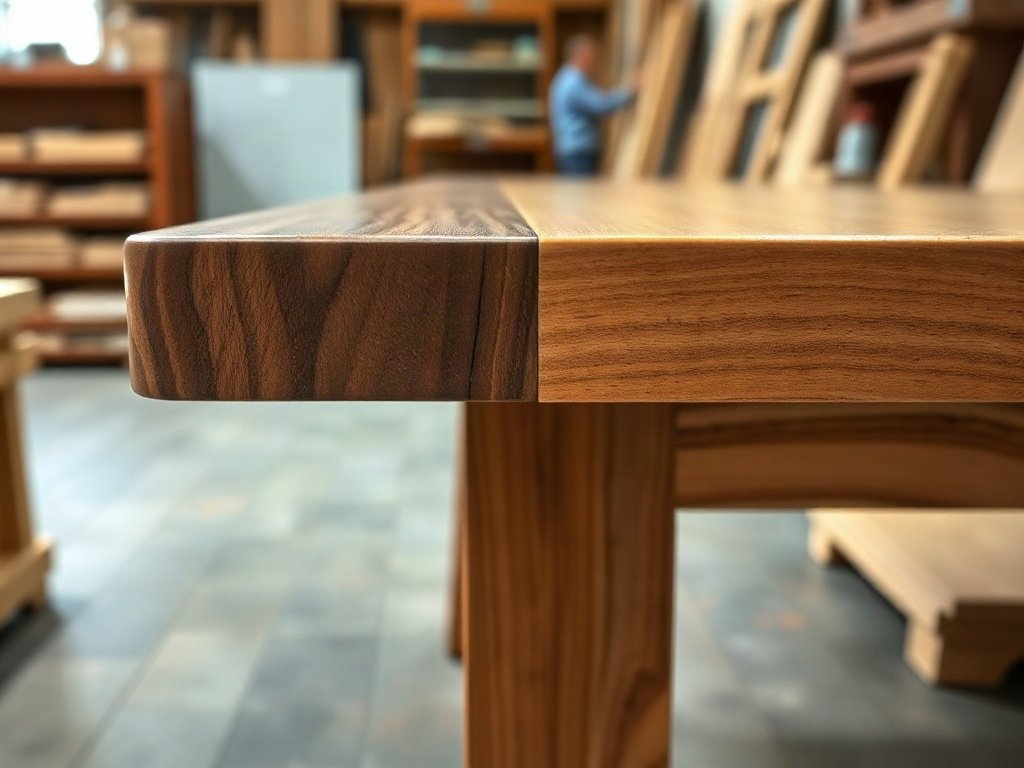 So sánh mép bàn ăn gỗ tự nhiên và gỗ công nghiệp dán veneer