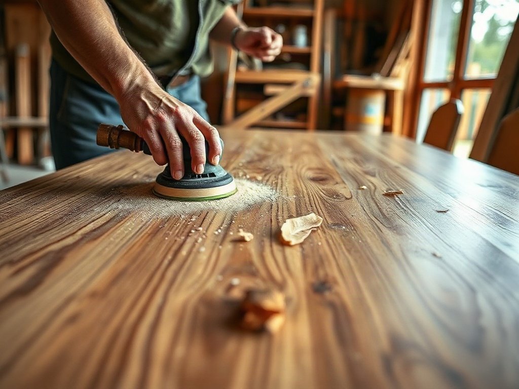 Thợ mộc đánh bóng mặt bàn ăn gỗ tự nhiên tại xưởng