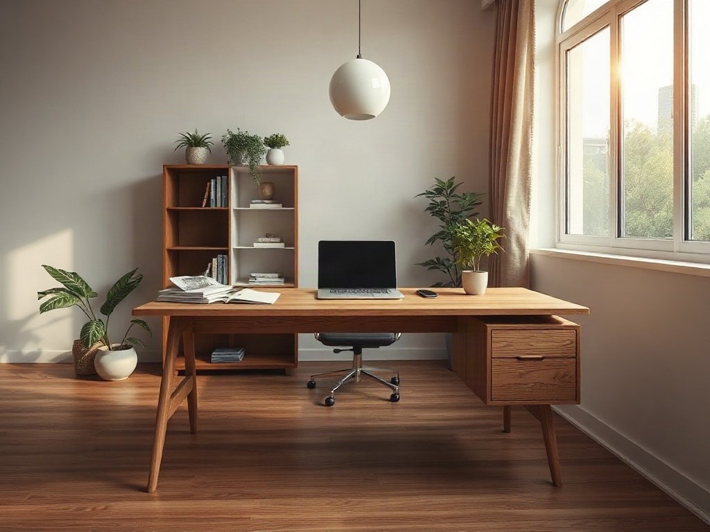5 cách chọn bàn làm việc hợp phong thủy và công năng Toàn cảnh bàn làm việc gỗ tự nhiên trong phòng làm việc tại nhà