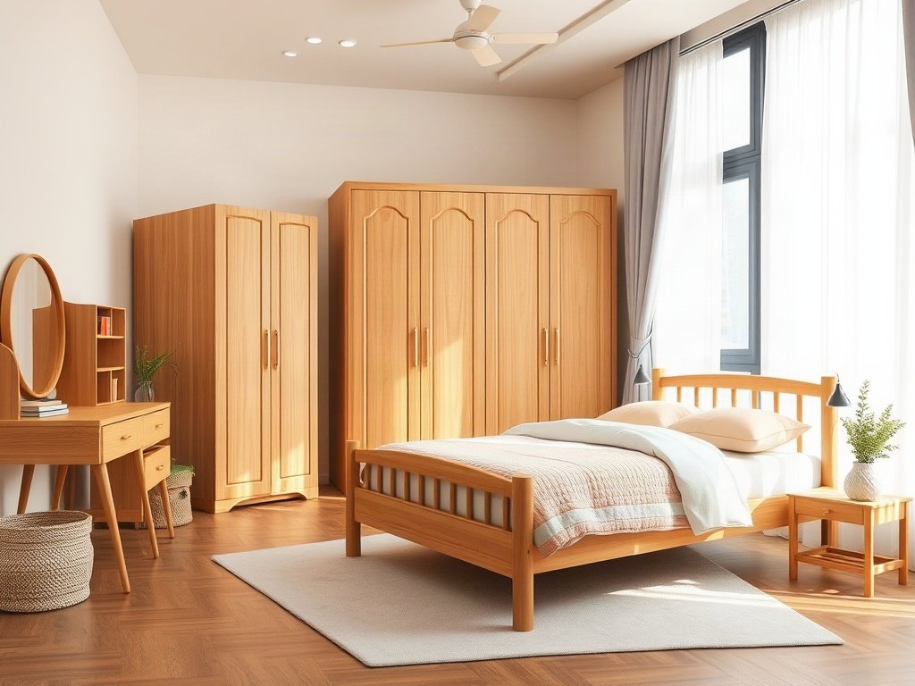 Nội thất phòng ngủ của bé gái Toàn cảnh nội thất phòng ngủ của bé gái với giường tủ gỗ tự nhiên
