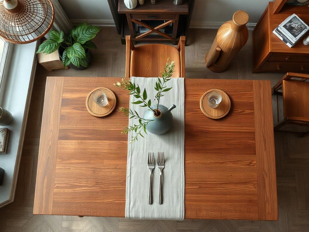5 mẹo làm mới bàn ăn gỗ không tốn kém mà hiệu quả bất ngờ Trang trí bàn ăn gỗ bằng khăn trải và đế lót ly gỗ