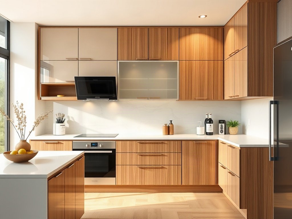 Tủ bếp acrylic bóng gương kết hợp gỗ công nghiệp cho nhà giá rẻ