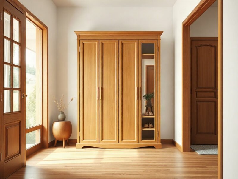 Tủ giầy đẹp giảm giá gỗ tự nhiên nhiều tầng đặt tại lối vào nhà