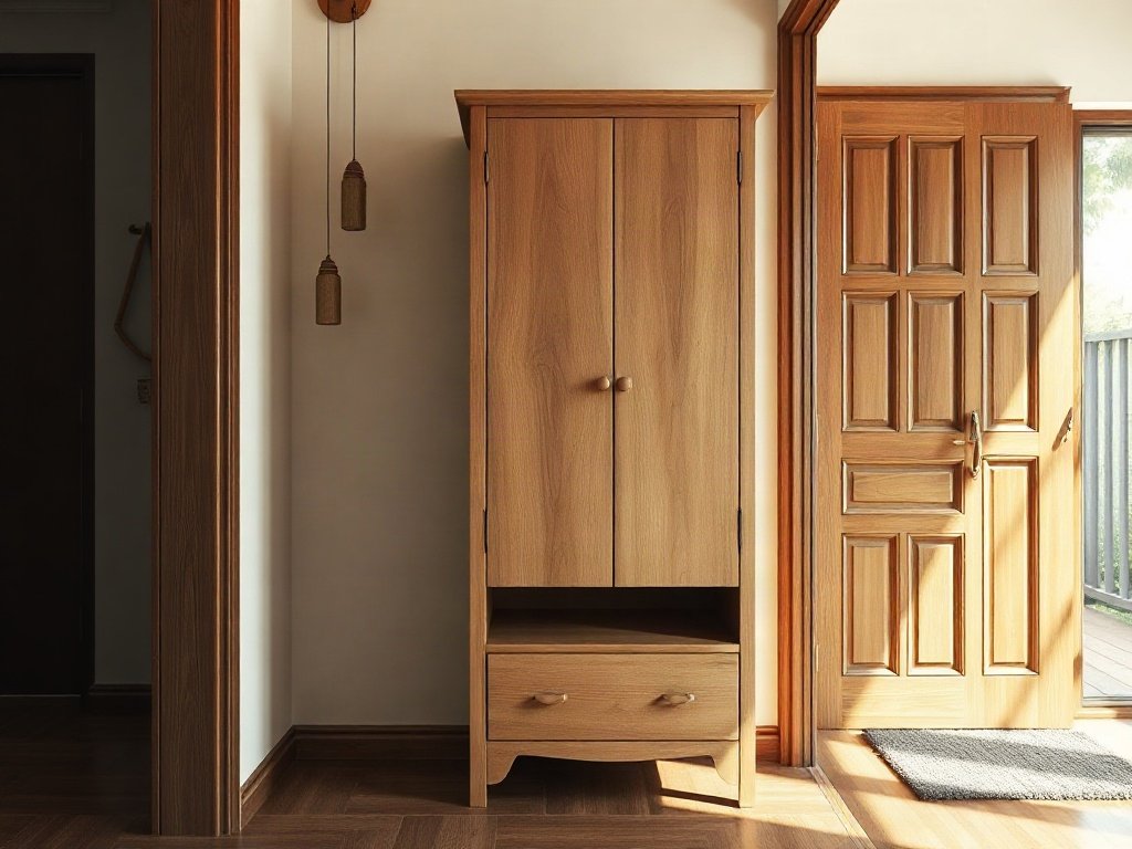 Tủ giầy gỗ xoan đào đặt gần cửa chính nhà phố Việt Nam