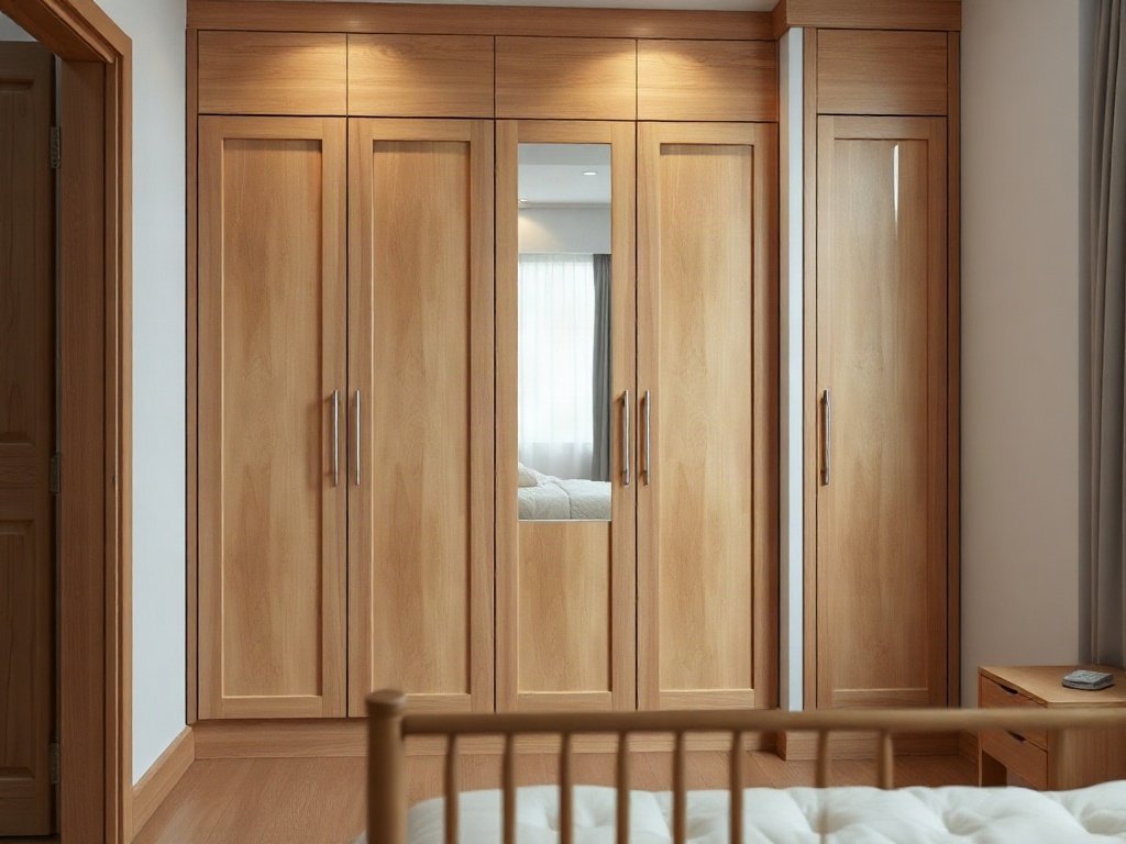 Tủ quần áo ba cánh gỗ tự nhiên có gương cho phòng ngủ nhỏ