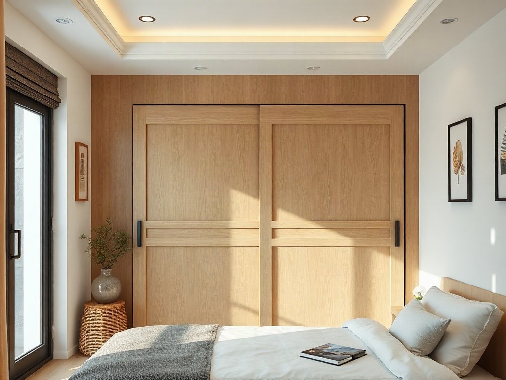 Tủ quần áo đẹp tại TPHCM Tủ quần áo đẹp cửa lùa gỗ sồi sáng màu trong phòng ngủ nhỏ