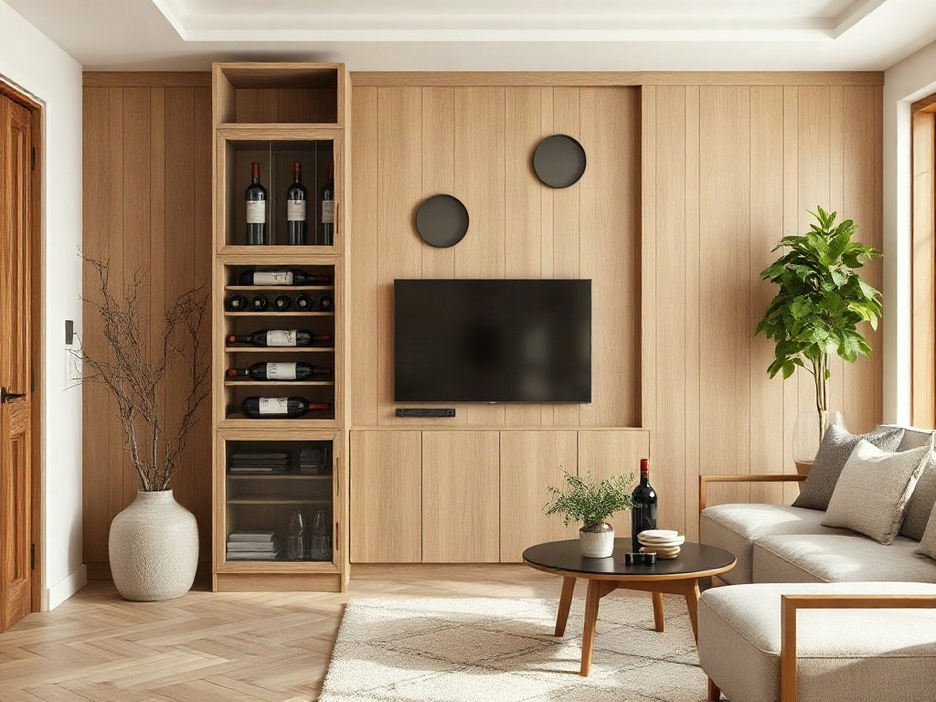 Tủ rượu gỗ tự nhiên phối màu hài hòa không gian phòng khách