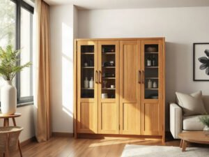 Tủ rượu phòng khách gỗ tự nhiên hiện đại đặt cạnh sofa phòng khách