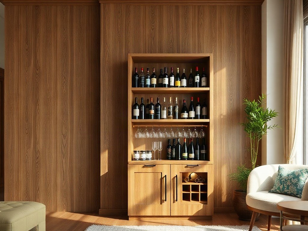 Tủ rượu quầy bar gỗ óc chó đặt trong phòng khách hiện đại