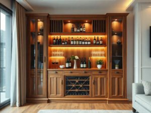 Tủ rượu quầy bar gỗ tự nhiên sang trọng đặt trong phòng khách