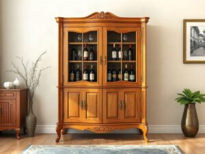 Tủ rượu tân cổ điển gỗ tự nhiên chạm phào chỉ đặt trong phòng khách
