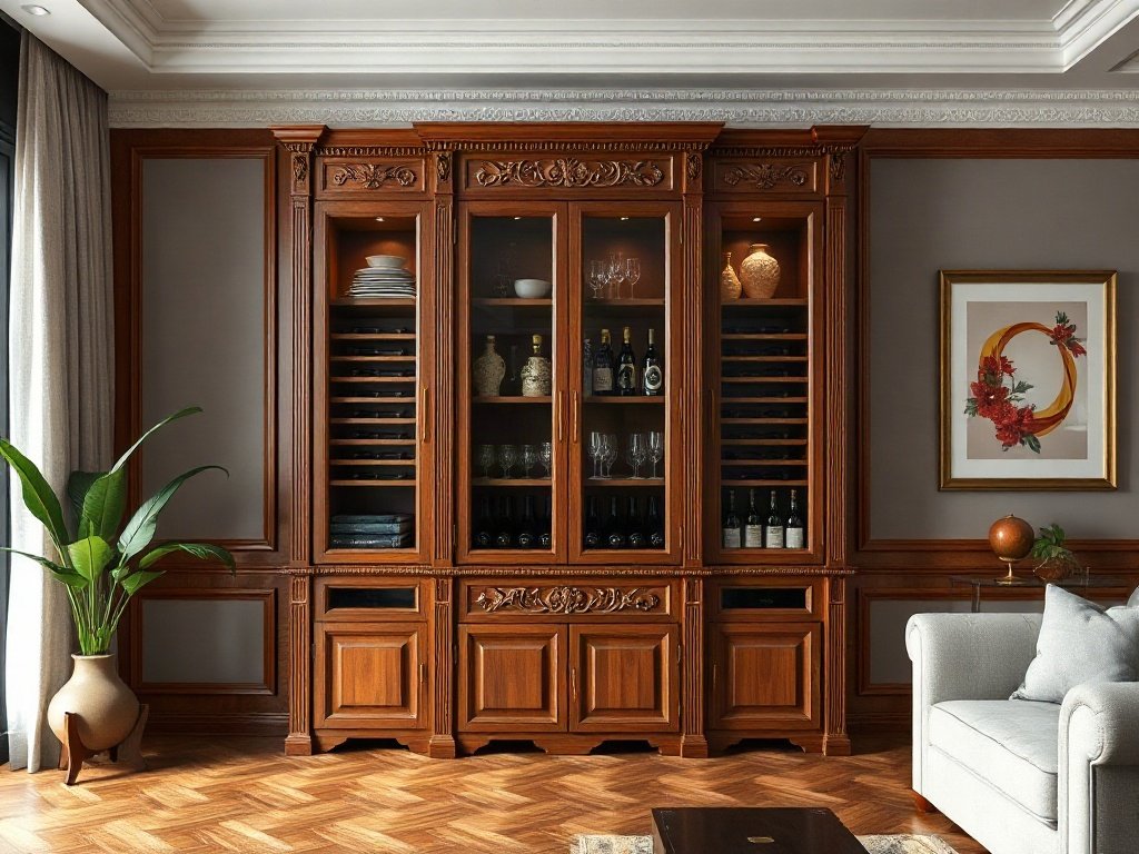 Tủ rượu tân cổ điển cho không gian thêm sang trọng Tủ rượu tân cổ điển gỗ tự nhiên đặt trong phòng khách hiện đại