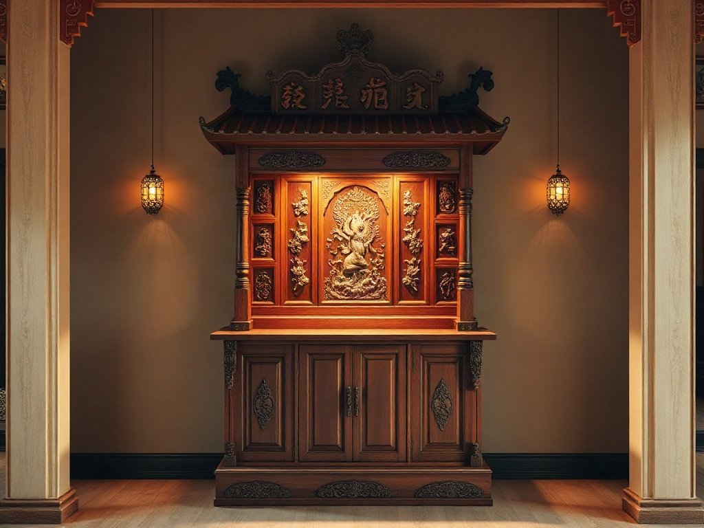 3 Cách Làm Mịn Tủ Thờ Gỗ Chuẩn Thợ Mộc 20 Năm Kinh Nghiệm Tủ thờ gỗ hoàn thiện đặt trong không gian thờ cúng gia đình