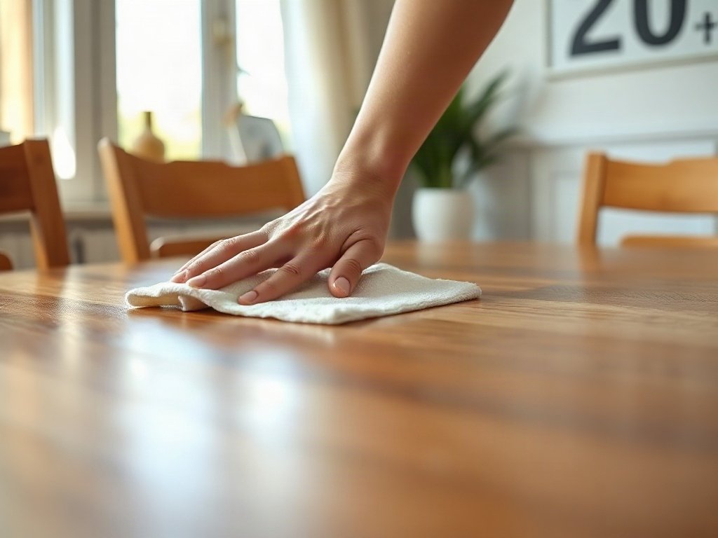 Vệ sinh mặt bàn ăn gỗ tự nhiên bằng khăn mềm hàng ngày