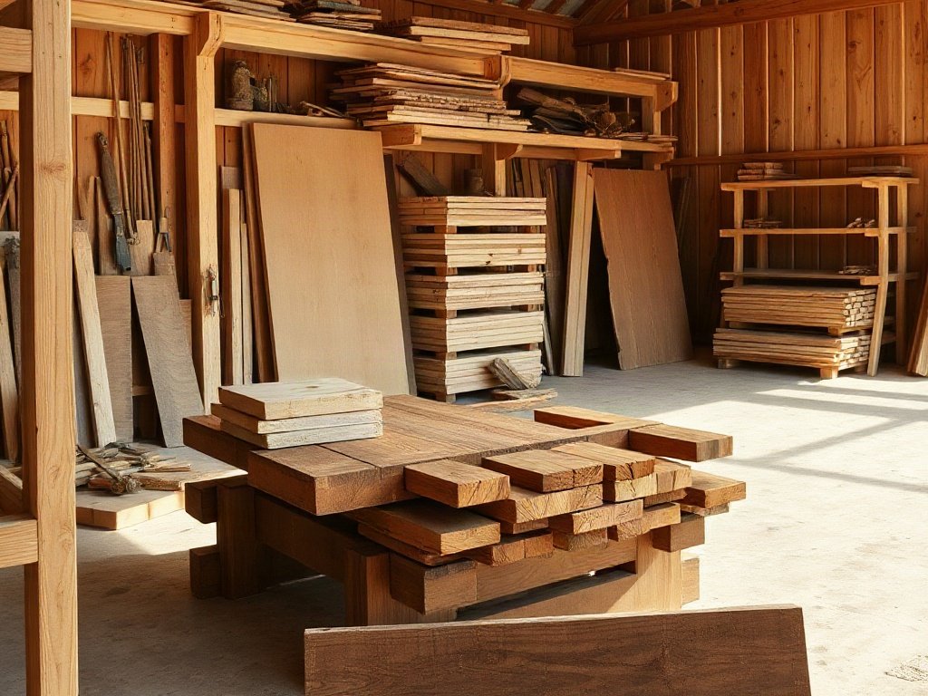 Xưởng gỗ tự nhiên với phôi gỗ nguyên liệu chờ gia công