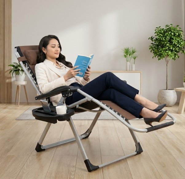 Ghế xếp thư giãn SUMIKA màu xám trắng đặt trong nhà