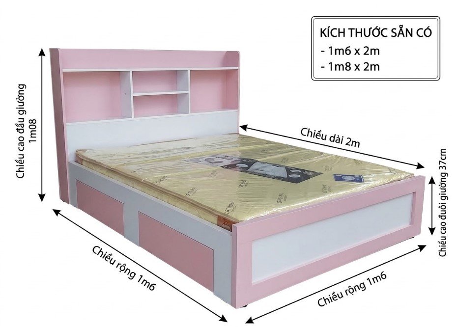 Giường ngủ trắng phối hồng, tích hợp kệ đầu giường
