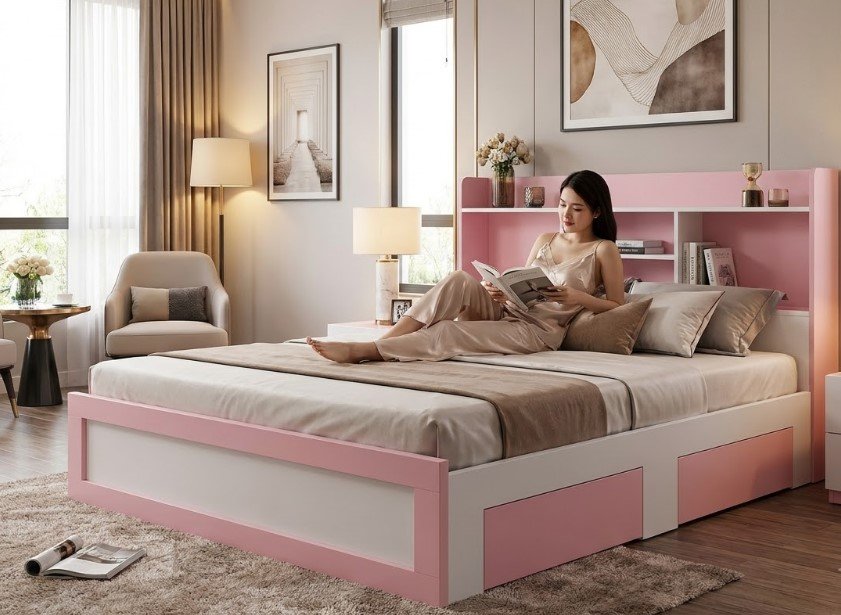 Giường ngủ gỗ MDF lõi xanh với kệ đầu hiện đại
