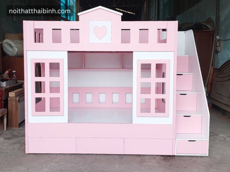 Giường tầng trẻ em hình ngôi nhà màu hồng trắng cho bé gái