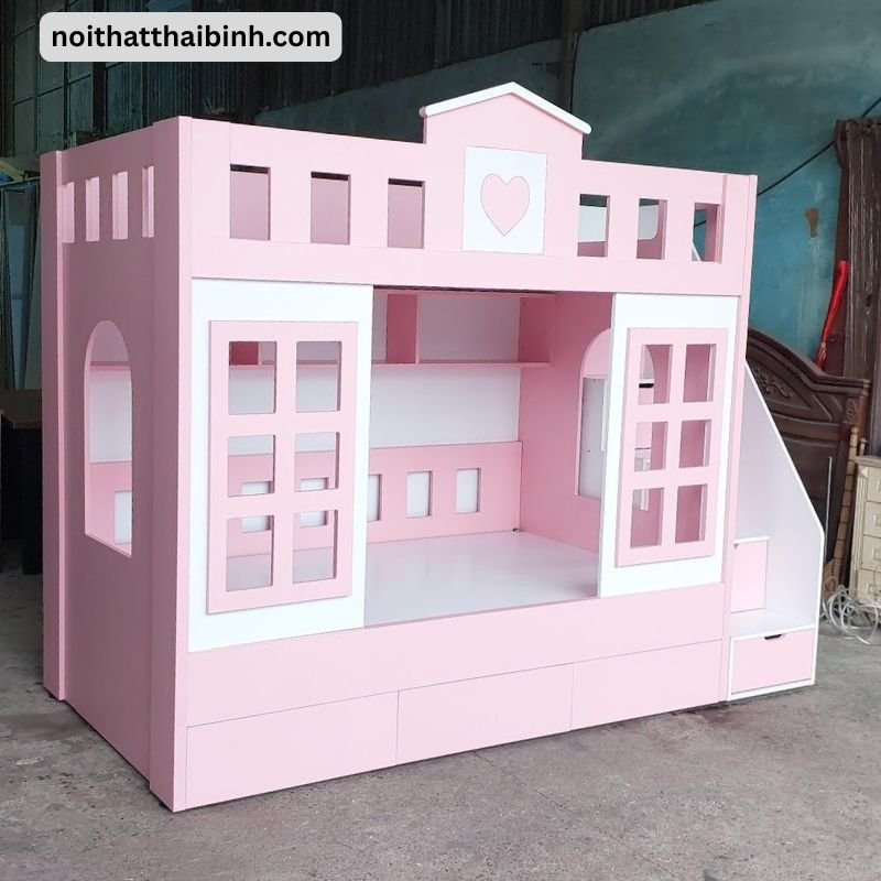 Chi tiết mái ngôi nhà trên giường tầng trẻ em gỗ MDF