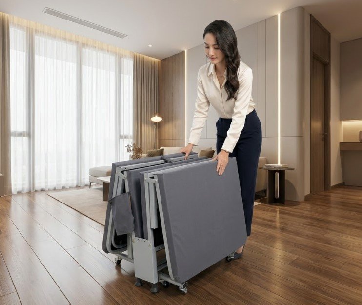 Giường xếp gấp gọn SUMIKA chính hãng 70cm MS 3488 Bánh xe và chốt an toàn của giường xếp SUMIKA